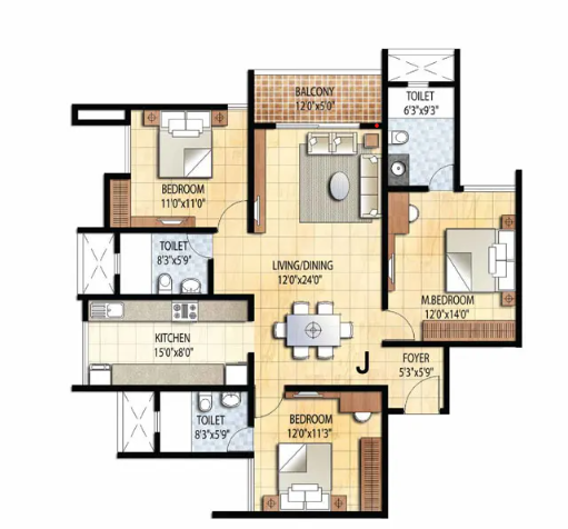 3 BHK Grandeur floor plan