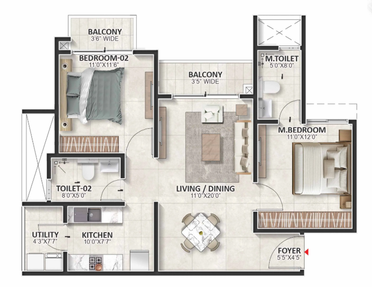 Prestige Evergreen 2 bedroom floor plan